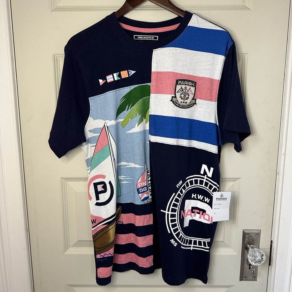 NWT Parish Nation Thread Collective Graphic Tee Shirt Men L Blue Urban Nautical